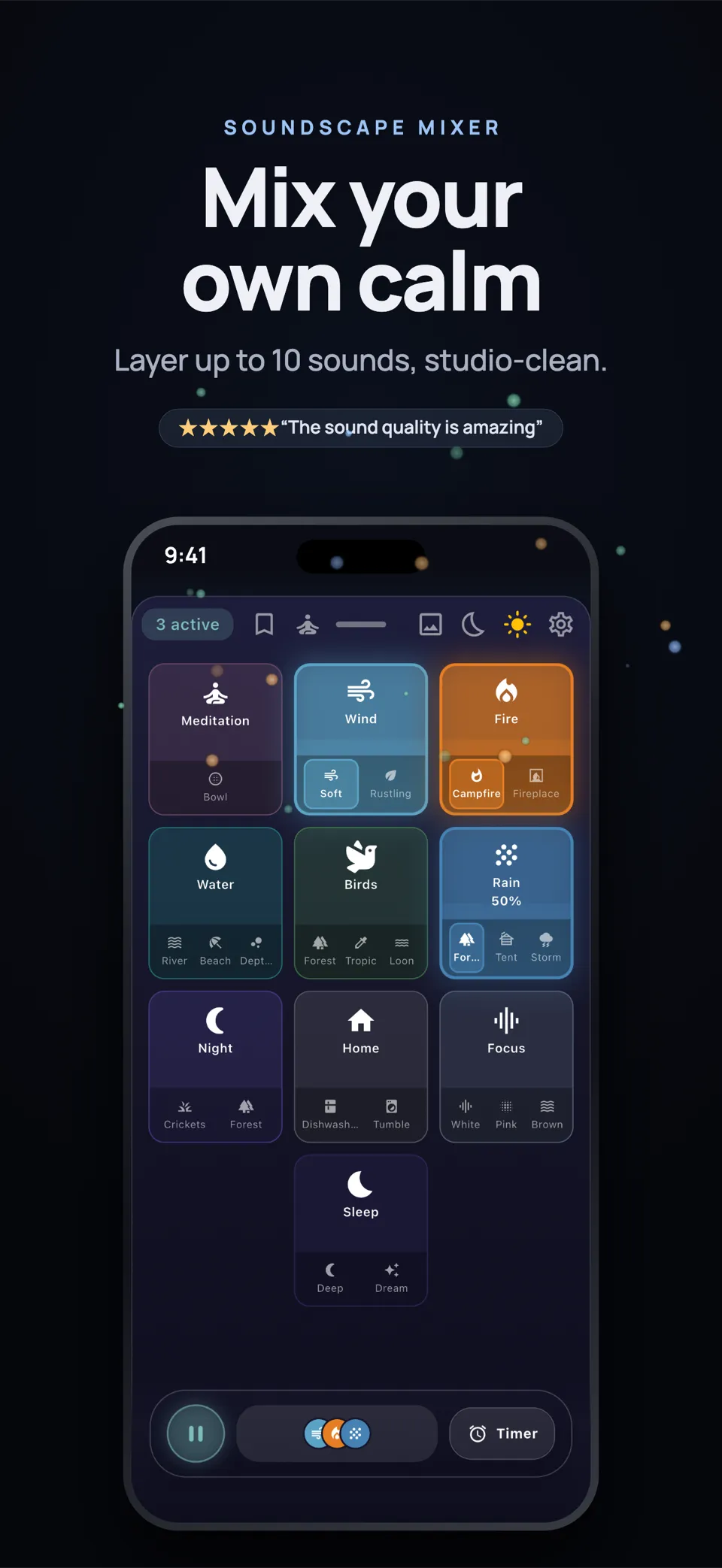 Driftly sound mixer showing layered ambient sound tiles