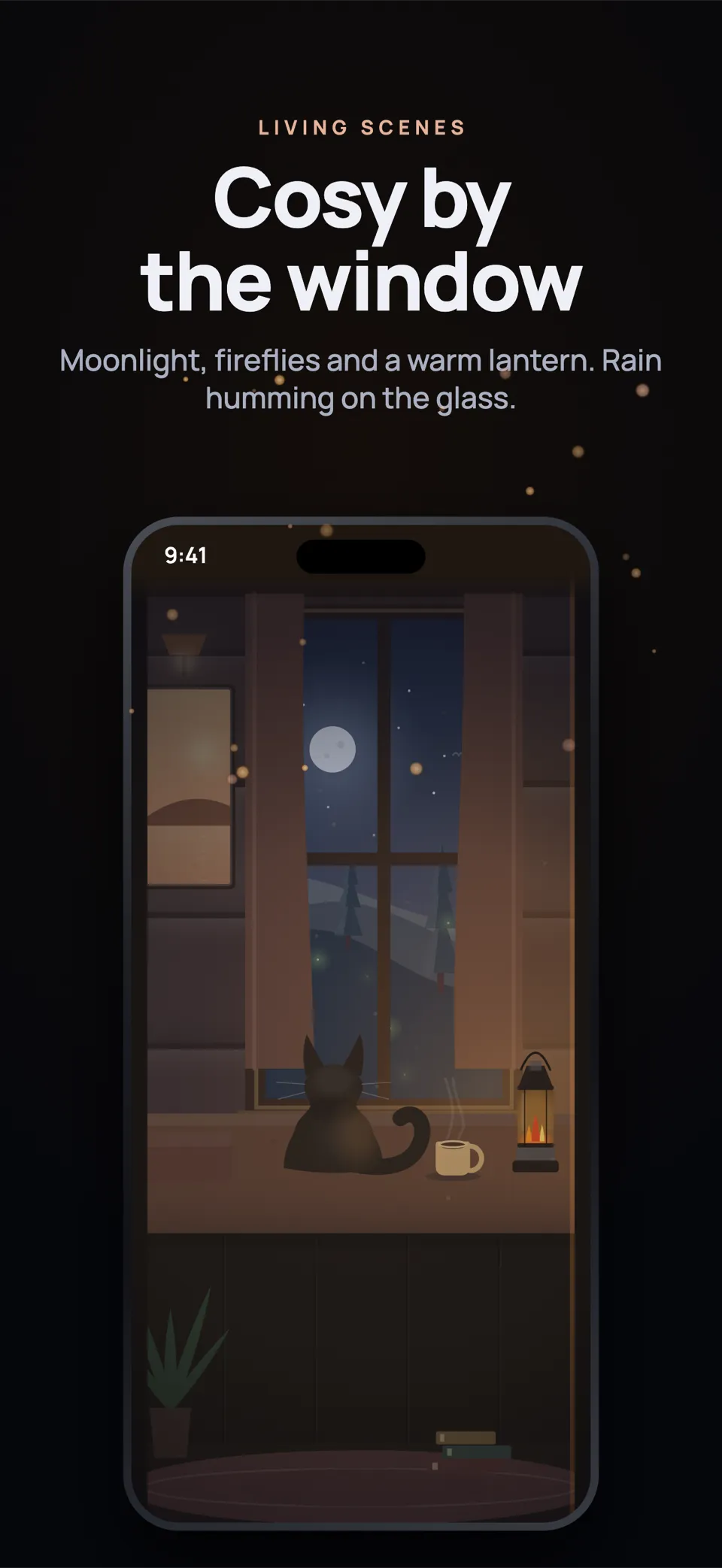 Driftly cabin living scene with a warm lantern and rain on the glass